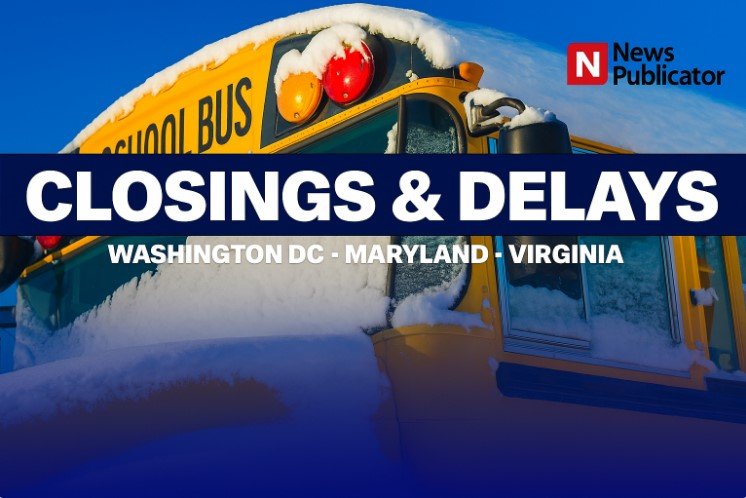 Snow-covered yellow school bus with a bold banner reading “Closings & Delays” for Washington DC, Maryland, and Virginia, published by News Publicator.
