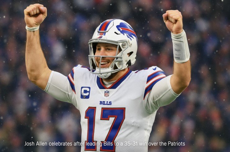 Josh Allen celebrates after leading Buffalo Bills to a 35-31 comeback win over the New England Patriots at Gillette Stadium.